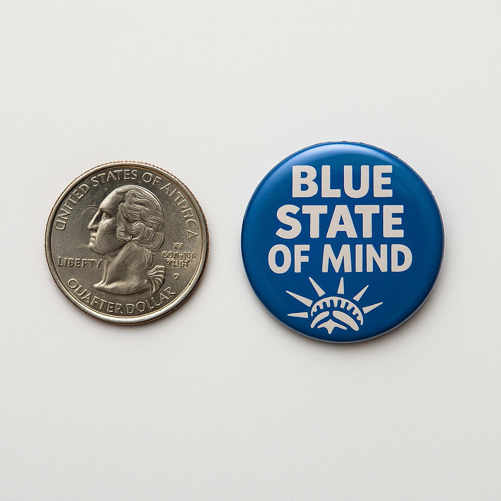 A Blue State of Mind button beside a quarter for scale